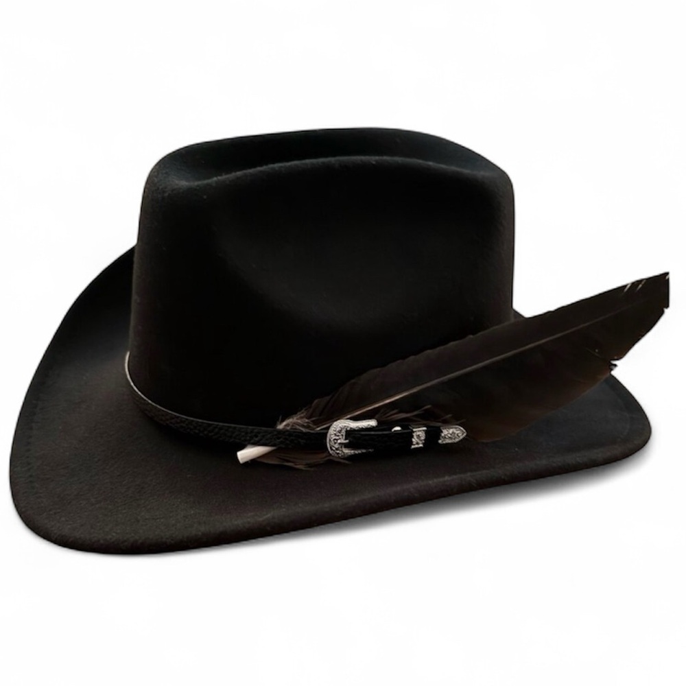 Black Cowboy style hat with Silver belted feather